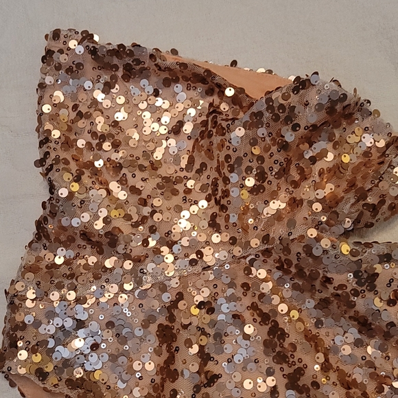 NeeSee's Dresses evening gown rose gold sequins round neck bell sleeves sz small - Picture 6 of 13
